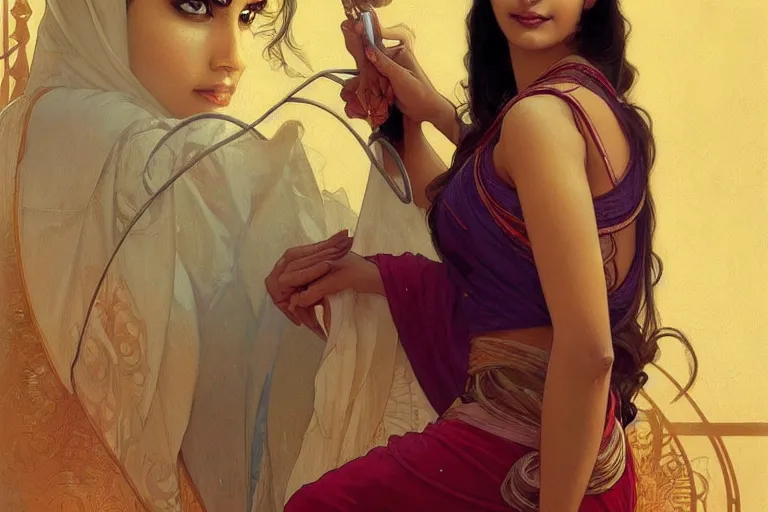 Image similar to sensual pale beautiful indian doctor in jeans, art deco portrait, elegant, intricate, digital painting, artstation, concept art, smooth, sharp focus, illustration, art by artgerm and greg rutkowski and alphonse mucha