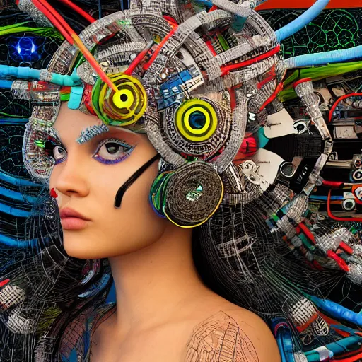 Image similar to deeper into the metaverse we go, piles of modular synth cables, kawaii puerto rican goddess swimming up wearing a headpiece made of circuit boards, by cameron gray, wlop, stanley kubrick, masamune, hideki anno, jamie hewlett, unique perspective, trending on artstation, 3 d render, vivid