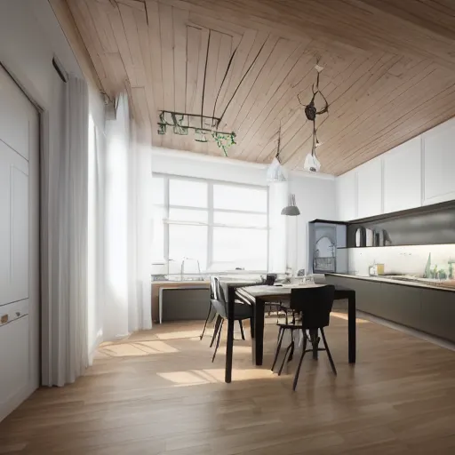 Image similar to Interior studio kitchen and living room, the kitchen turns in a corner with windows on the corner, vray render, interior design