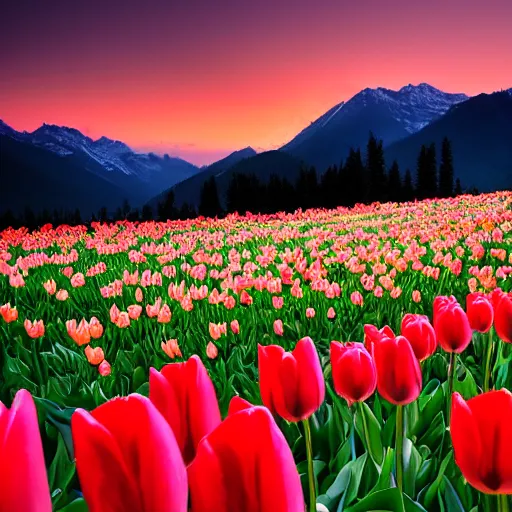 Image similar to beautiful mountain landscape during sunset with tulips and lightrays