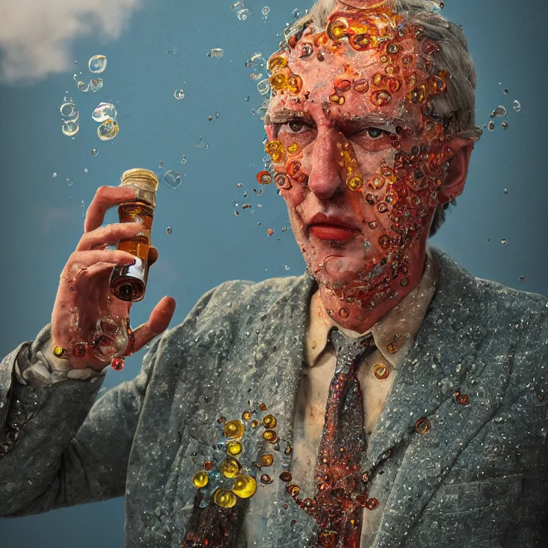 Image similar to octane render portrait by wayne barlow and carlo crivelli and glenn fabry and wes anderson, a vintage monster made out of siny reflective liquor bottles and multicolored oil puddles, cinema 4 d, ray traced lighting, very short depth of field, bokeh