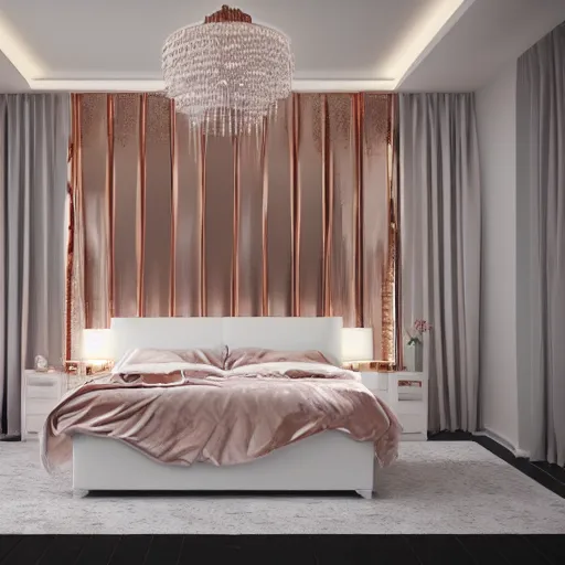 Image similar to 3 d render of white bedroom with rose gold metallic accents