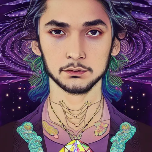 Prompt: psychedelic, intricate, highly detailed, anime, 4k, beautiful Frank Dillane as a seductive man holding a crystal containing the universe, with professional makeup, long trippy hair, surrounded by gems, underneath the stars, trending on patreon, deviantart, twitter, artstation, volumetric lighting, heavy contrast, by artgerm and Ilya Kuvshinov and alphonse mucha