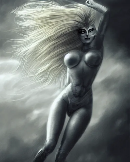 Image similar to pencil drawing of beautiful cat - robo woman goddess, beautiful blonde hair flying in the wind, hyper realistic face, in the style of greg rutkowski, fantasy, amazing detail, epic, elegant, smooth, sharp focus, from the front