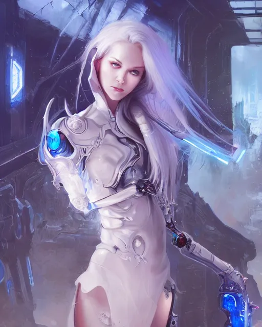 Image similar to holy cyborg necromancer girl, elegant, scifi, futuristic, utopia, garden, illustration, atmosphere, top lighting, blue eyes, white hair, focused, artstation, highly detailed, art by yuhong ding and chengwei pan and serafleur and ina wong