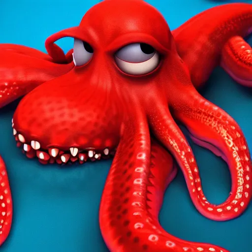 Image similar to portrait of red octopus, sly, cunning, blue background, pixar style animation 3d extremely gloomy lighting, atmospheric, cinematic, detailed illustration unreal Engine, 8K