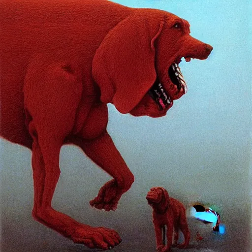 Image similar to clifford the big red dog devouring hordes of human beings, painted by zdzisław beksinski