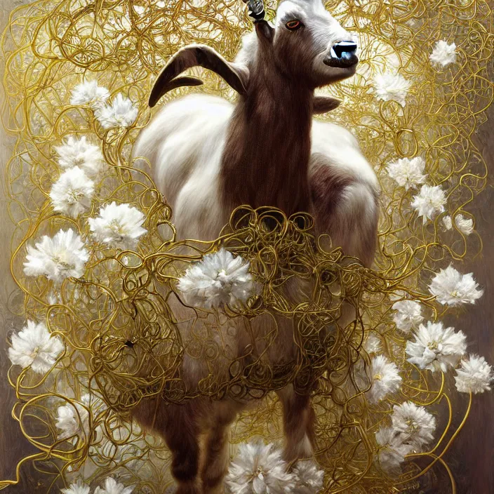 Image similar to hyperrealist portrait of a 2 0 4 4 space sport goat, it is decorated with long gold wires and white flowers that fall like vines and wears a huge computer crown. by jeremy mann and alphonse mucha, fantasy art, photo realistic, dynamic lighting, artstation, poster, volumetric lighting, dramatic light, very detailed faces, 8 k, award winning