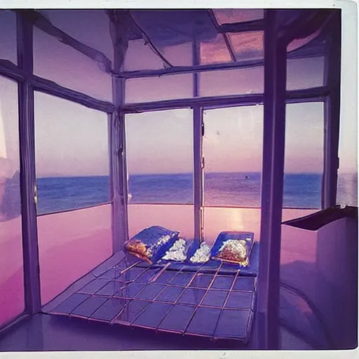 Prompt: a pastel colour high fidelity wide angle Polaroid art photo from a holiday album at a seaside with abstract inflatable parachute furniture, spheres and a DJ booth, all objects made of transparent iridescent Perspex and metallic silver, a grid of sun beds iridescence, nostalgic