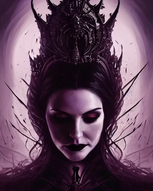 Image similar to portrait of an evil queen, dark magic, beautiful face, attractive young woman,heroic pose, full body, dramatic lighting, dark and horror, dust and blood, intricate, wild, highly detailed, digital painting, artstation, concept art, smooth, sharp focus, illustration, art by artgerm and greg rutkowski and alphonse mucha, footage from space camera