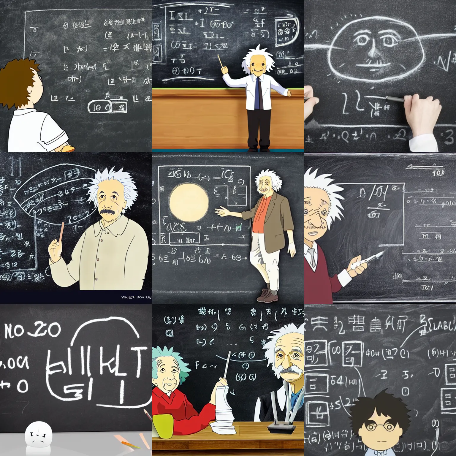 Prompt: Albert Einstein by studio ghibli, in front of a blackboard with equations, anime, detailed