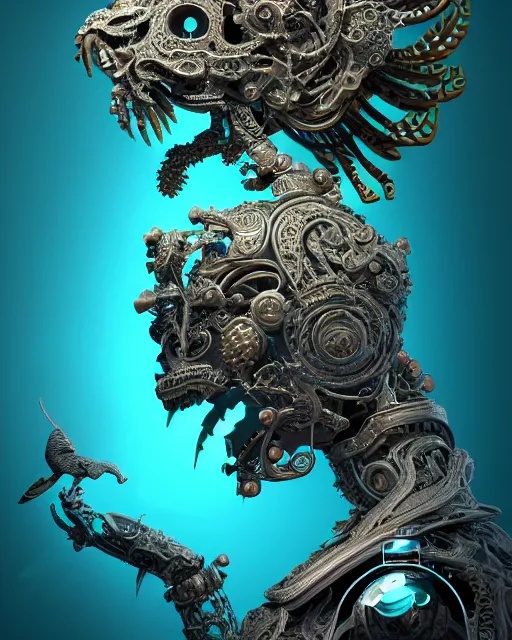 Image similar to 3 d ornate carved robot with tattoos profile portrait, sigma 5 0 0 mm f / 5. beautiful intricate highly detailed quetzalcoatl skull. bioluminescent, plasma, lava, ice, water, wind, creature, thunderstorm! artwork by tooth wu and wlop and beeple and greg rutkowski, 8 k trending on artstation