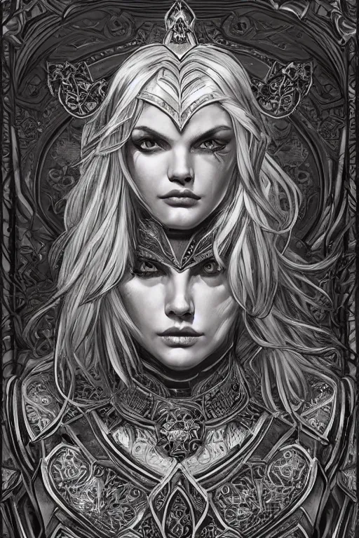 Image similar to head-on symmetrical centered painted portrait, Elisha Cuthbert as a paladin, blonde hair, ornate heavy plate armour, medieval robes, fantasy, intricate, elegant, highly detailed, smooth, sharp focus, illustration, artstation, in the style of Ross Tran and by Jesper Ejsing and by Mikalojus Konstantinas Ciurlionis