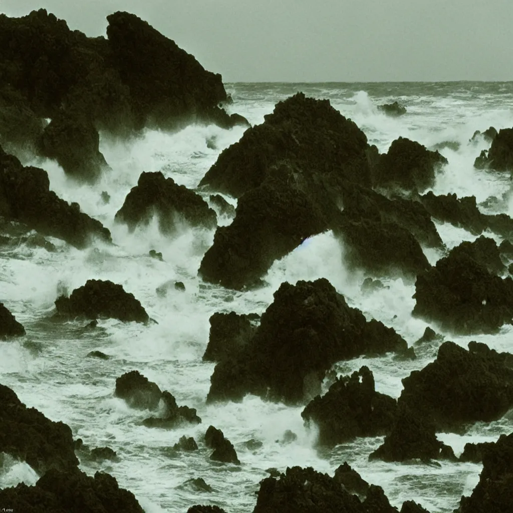 Image similar to dark and moody 1 9 7 0's artistic technicolor spaghetti western film, a large huge group of women in a giant billowing wide long flowing waving white dresses, standing inside a green mossy irish rocky scenic landscape, crashing waves and sea foam, volumetric lighting, backlit, moody, atmospheric, fog, extremely windy, soft focus