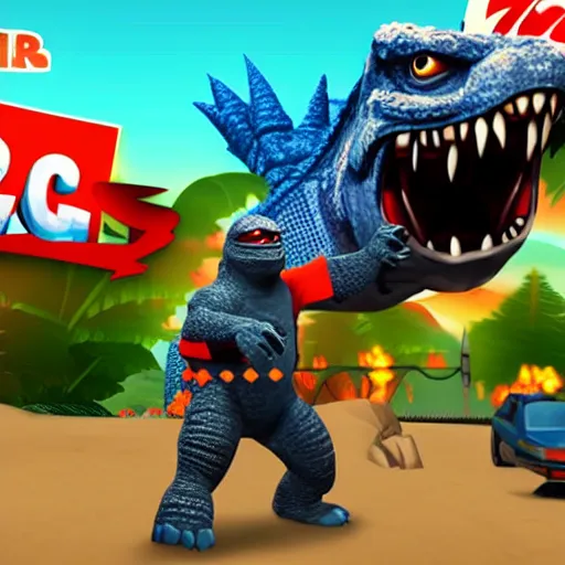 Image similar to Godzilla as a playable character in Subway Surfers, in-game screenshot