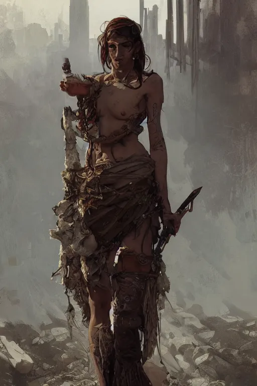 Prompt: a full body portrait of a beautiful post apocalyptic offworld butchers district bedouin blind pulp fiction scarlet wild rogue barbarian leper begging by the roadside, intricate, elegant, highly detailed, digital painting, artstation, concept art, smooth, sharp focus, illustration, art by krenz cushart and artem demura and alphonse mucha
