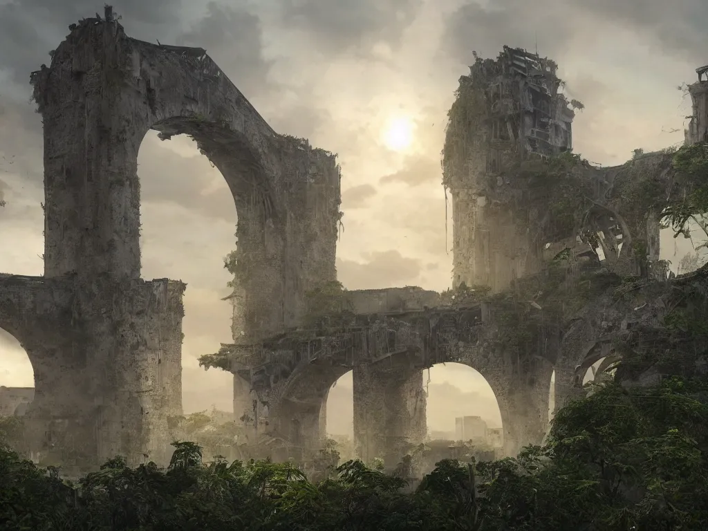 Image similar to a high magnificent broken bridge in a war-torn city, ruins, surrounded by lush green vegetation, stunning volumetric lighting, sunset, solid concrete, stunning skies, trending on Artstation, 8k, photorealistic, hyper detailed, unreal engine 5, IMAX quality, cinematic, epic lighting, in the style of DOOM and Quake and Le Corbusier and Greg Rutkowski