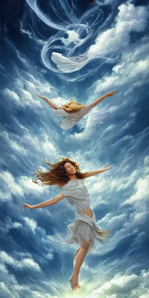 Image similar to symmetry!! she is falling from heaven, heavenly landscape, swirling clouds, serene, peace, very detailed, perfect composition, perfect lighting, 4 k, tim white, artgerm