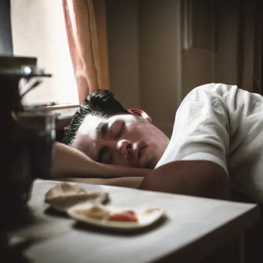 Prompt: photography of a beautiful 21 years old man sleeping in his kitchen, in the style of Wong Kar Wai and Terrence Malick