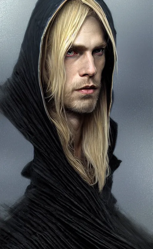 Image similar to Thin blond roguish man wearing a black cloak made of very thousands of thin strips of cloth that decay into mist, fantasy, highly detailed, digital painting, artstation, concept art, smooth, sharp focus, illustration, art by artgerm and greg rutkowski and alphonse mucha