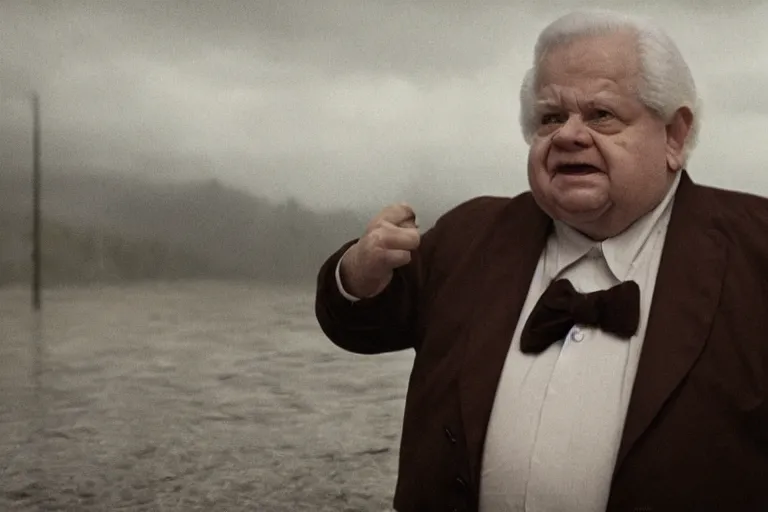 Image similar to a still of edgar savisaar, starring as a drunk man, dystopian, cinematic lighting, nighttime, rain