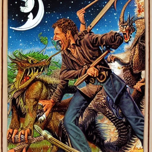 Prompt: Tom Waits and William S Burroughs as adventurers battling a dragon as painter by Larry Elmore in the style of a dungeons and dragons module cover art