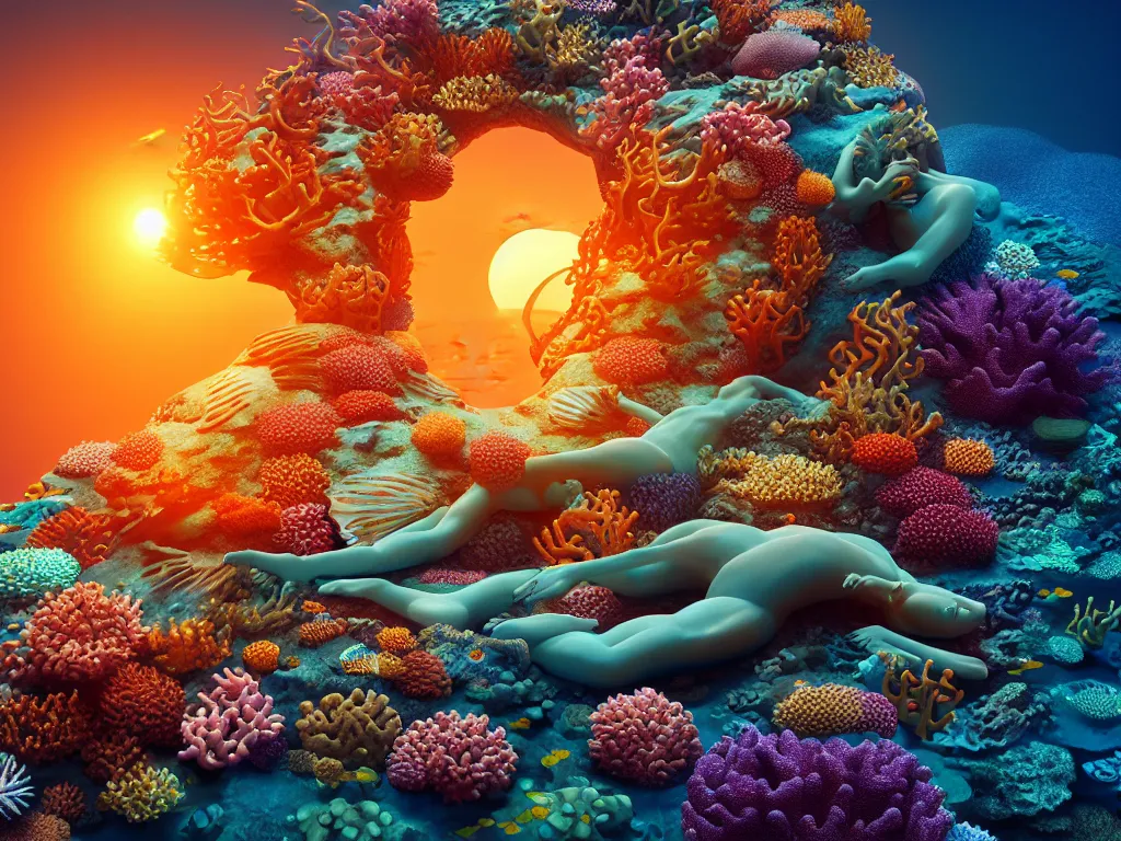 Prompt: a sculpture of fish ocean intertwined, diode lighting, a lovely cornucopia of flowers and human body parts, body parts, highly detailed, octane render, cinematic, sharp focus, clean, studio lighting, sunset, great barrier reef, up than sea level