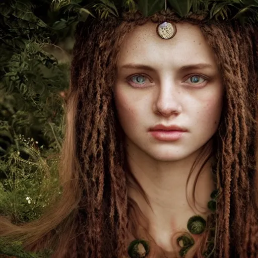 Image similar to photo portrait of a beautiful pagan female, depth of field, zeiss lens, detailed, symmetrical, centered, by edward robert hughes, connor hibbs, annie leibovitz and steve mccurry, david lazar, jimmy nelsson, breathtaking, 8 k resolution, extremely detailed, beautiful, establishing shot, artistic, hyperrealistic, beautiful face, octane render