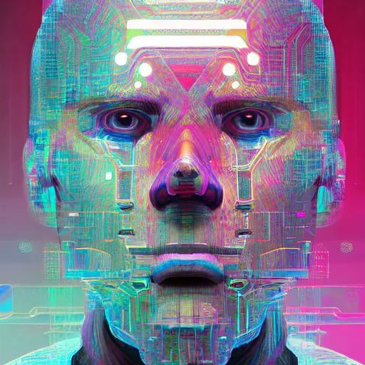 Image similar to portrait of abstract visual artificial intelligence face chromatic suit by Petros Afshar and Beeple, highly detailed