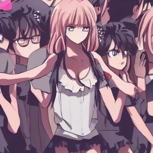 Prompt: cute anime girl surrounded by crowd of human boys