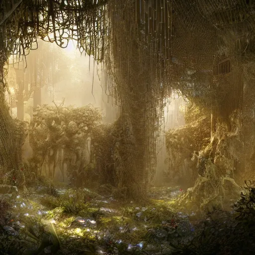 Prompt: biocomputer organs inside a bioneural antique lace in a biomechanical forest with biocomputer flowers, epic environment, matte painting, diffused lighting, highly detailed cinematic, epic atmosphere, diffused lighting, highly detailed digital art, trending on artstation, depth of field, wide angle