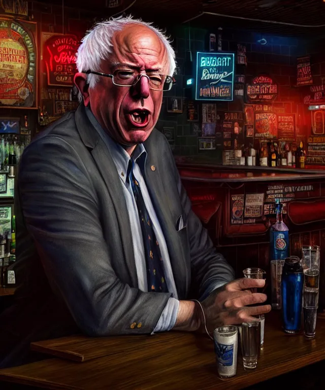 Image similar to hyperrealistic mixed media painting of Bernie Sanders as a crazy drunk, dimly lit dive bar, stunning 3d render inspired art by P. Craig Russell and Barry Windsor-Smith + perfect facial symmetry + dim volumetric lighting, 8k octane beautifully detailed render, post-processing, extremely hyperdetailed, intricate, epic composition, grim yet sparkling atmosphere, cinematic lighting + masterpiece, trending on artstation, very very detailed, masterpiece, stunning