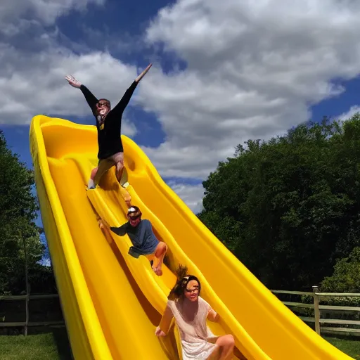 Image similar to boss ross screaming on a giant yellow slide