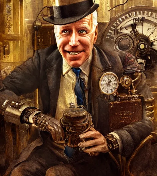 Prompt: portrait of steampunk joe biden cosplaying, by wlop, by simon stalengrad, by ilya repin, bioshock screenshot, photorealistic fan art, detailed shading, intricate abstract, steampunk, expressionism