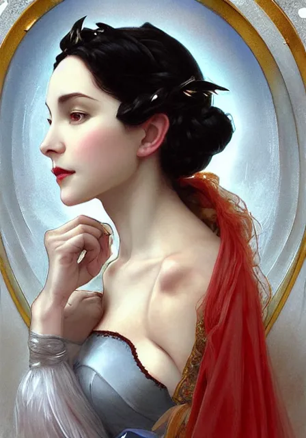 Image similar to snow white and evil queen, intricate, elegant, highly detailed, digital painting, artstation, concept art, smooth, sharp focus, illustration, art by artgerm and greg rutkowski and alphonse mucha and william - adolphe bouguereau