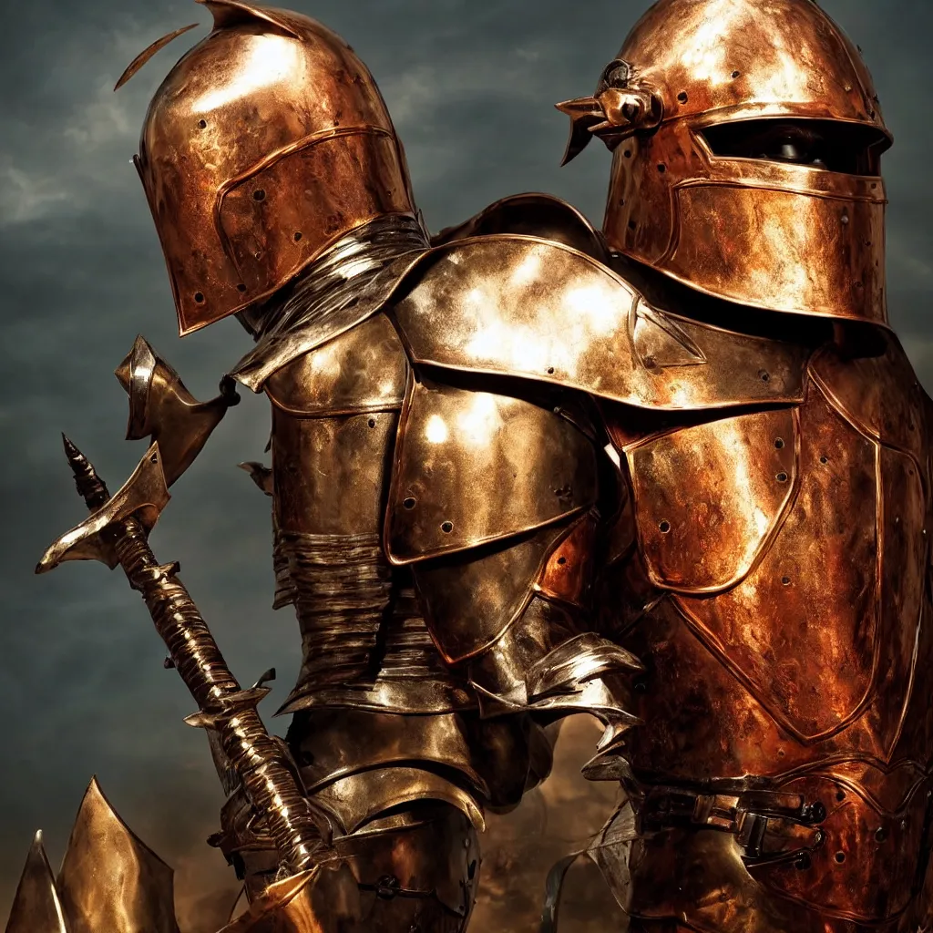 Image similar to of a photo of a knight character that has a helmet that is made of copper and gold, beautiful sculpted details, cinematic lighting, this knight is a war lord who roamed the fields in many battles, there is a faint red aura to him displaying a lot of power