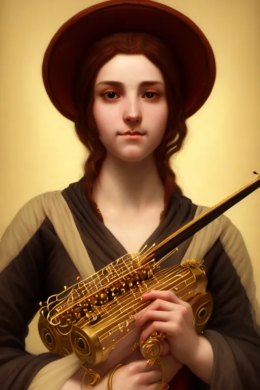Prompt: a portrait of a fantasy bard, bored, illustration, soft lighting, soft details, painting oil on canvas by Edmund Blair Leighton and Charlie Bowater octane render trending on artstation d&d characters, 4k, 8k, HD
