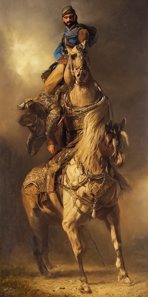 Image similar to Highly detailed and cinematic romantic period oil painting of an Arabian prince riding a rearing horse, beautifully lit and atmospheric, an oil painting masterpiece by Josep Tapiró Baró, RPG portrait, dynamic lighting, 8K