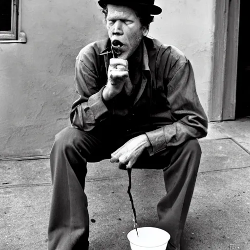 Image similar to tom waits with the body of a spider, smoking a pipe, on the streets of san diego