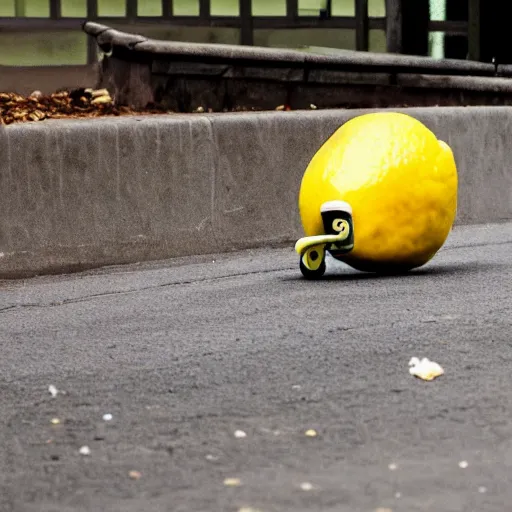 Image similar to a cool lemon riding a skateboard