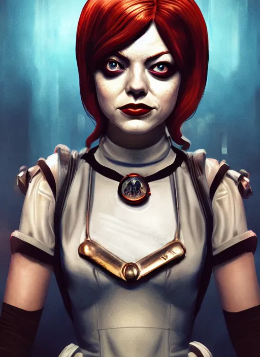 Image similar to bioshock portrait of emma stone as harley quinn, hyper detailed, digital art, trending in artstation, cinematic lighting, studio quality, smooth render, unreal engine 5 rendered, octane rendered, art style by klimt and nixeu and ian sprigger and wlop and krenz cushart.