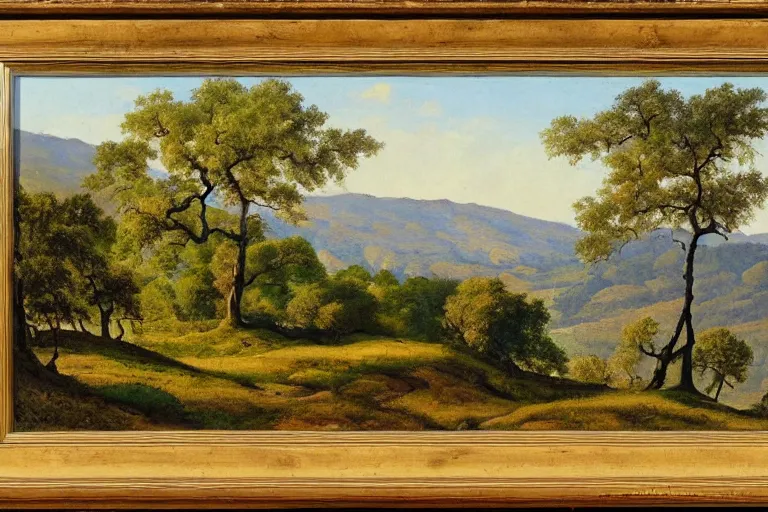 Image similar to masterpiece painting of oak trees on a hillside overlooking a creek, by arthur frank mathews