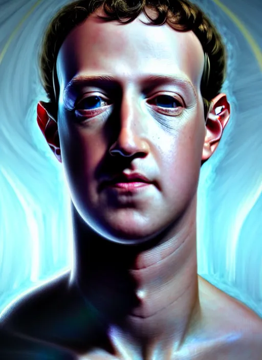 Image similar to mark zuckerberg as male android!!!, sci - fi, wires, dead eyes, portrait, intricate, elegant, highly detailed, digital painting, artstation, concept art, wallpaper, smooth, sharp focus, illustration, art by h. r. giger and artgerm and greg rutkowski and alphonse mucha