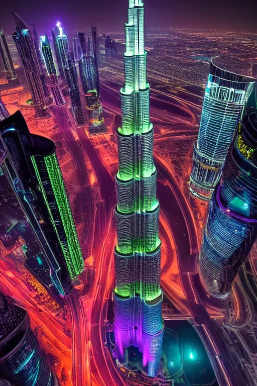 Image similar to neon streets of dubai burj khalifa, 4 k, award winning photo