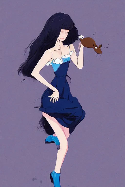 Prompt: a platypus with the body of an urban school girl in a gown, dark blue long hair, muted colors, matte print, pastel colors, ornate, digital art, cute smile, digital painting, fan art, elegant, pixiv, by Ilya Kuvshinov, by Studio Ghibli