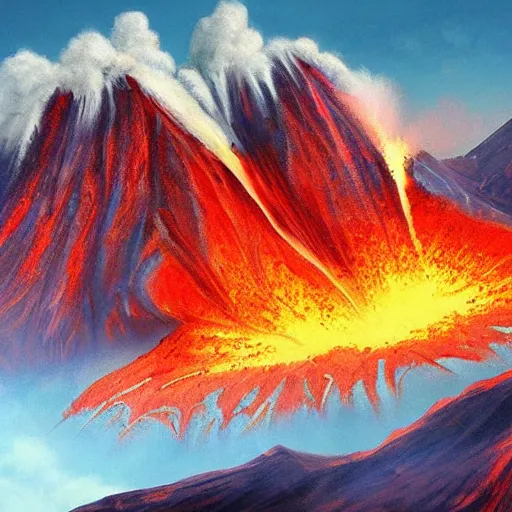 Prompt: volcano, concept art, illustrated, highly detailed, high quality, bright colors, optimistic,