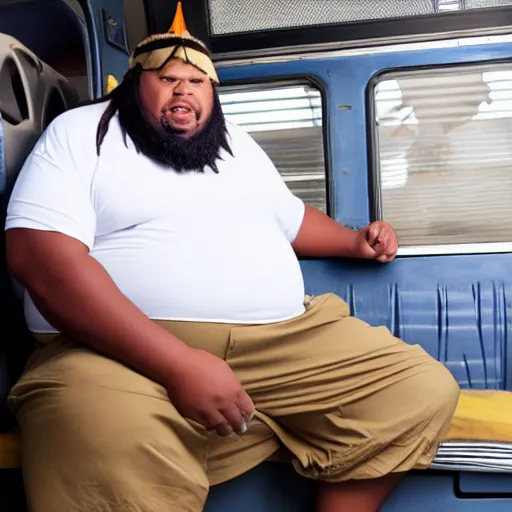 Image similar to overweight african american male school bus driver with dreads, wearing shorts with chubby legs, big moe, symmetric face, photo