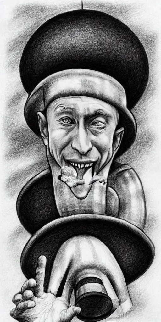 Image similar to vladimir putin with a nuclear mushroom cloud hat, cartoonish, ultra detailed pencil drawing