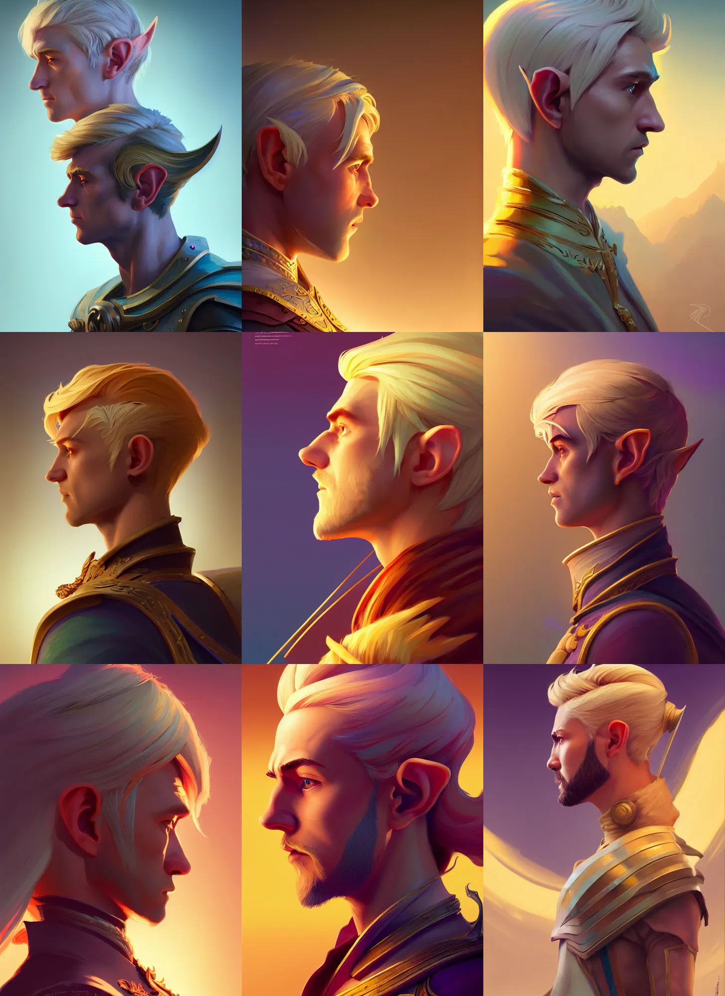 Prompt: side profile centered painted portrait, blonde male elf ranger, D&D, Gloomhaven, matte painting concept art, art nouveau, beautifully backlit, swirly vibrant color lines, fantastically gaudy, aesthetic octane render, 8K HD Resolution, by ilya kuvshinov and Cushart Krentz and Gilleard James