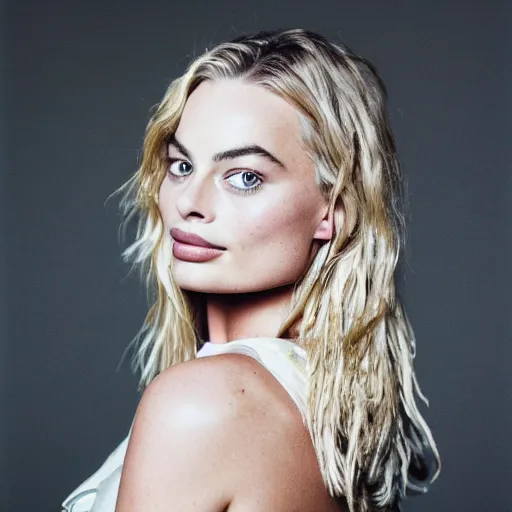 Image similar to Margot Robbie with wet hair, soft lighting, sharp details, warm colors, studio portrait, 35 mm film